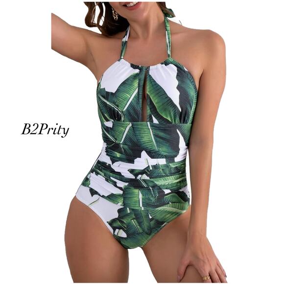 B2prity Green White Palm Leaf Halter Slimming One Piece Swimsuit NWT Size S - Picture 1 of 11
